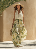 Women's Floral Two-Piece Set with Halterneck Top and Maxi Skirt