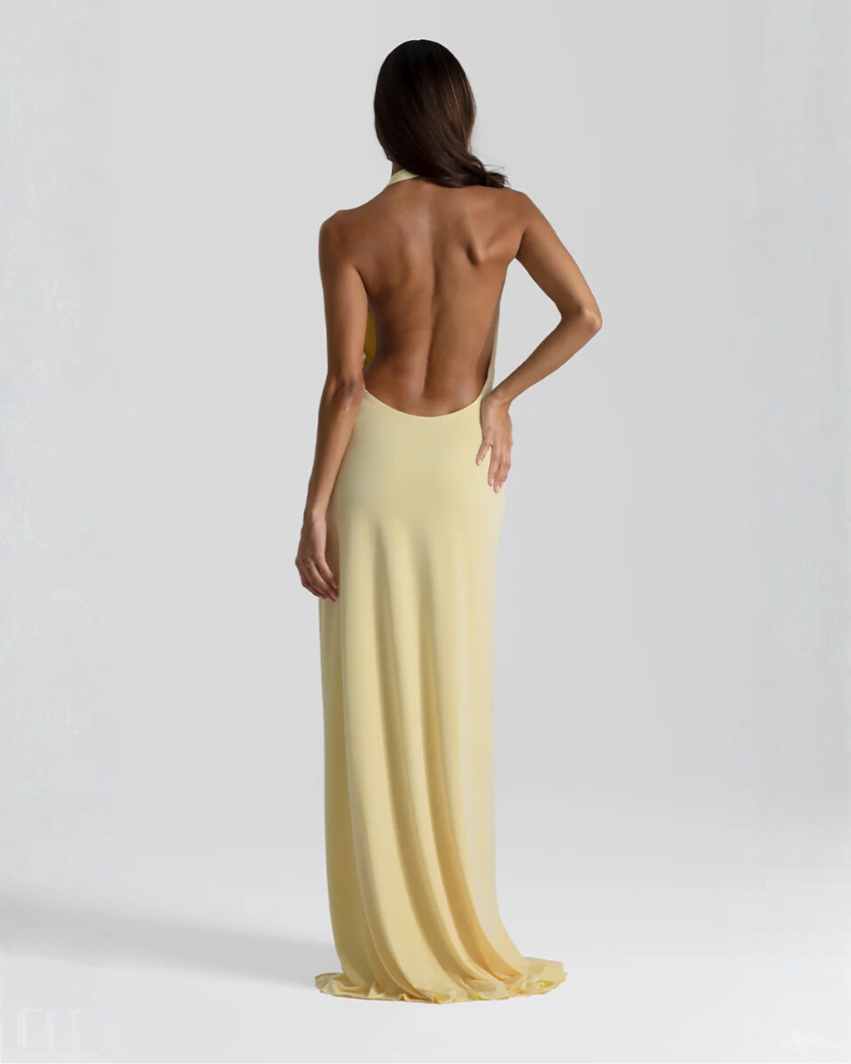 Women's Halter Maxi Dress with Open Back and Draped Side Slit