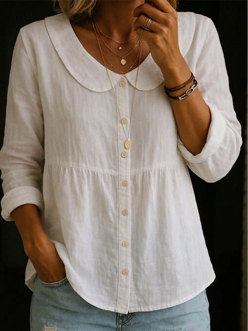 Blusa da donna in cotone e lino con colletto arrotondato e chiusura con bottoni