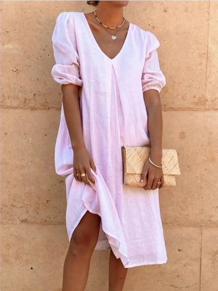 Women's Linen Blend Midi Dress with V-Neck and Relaxed Fit