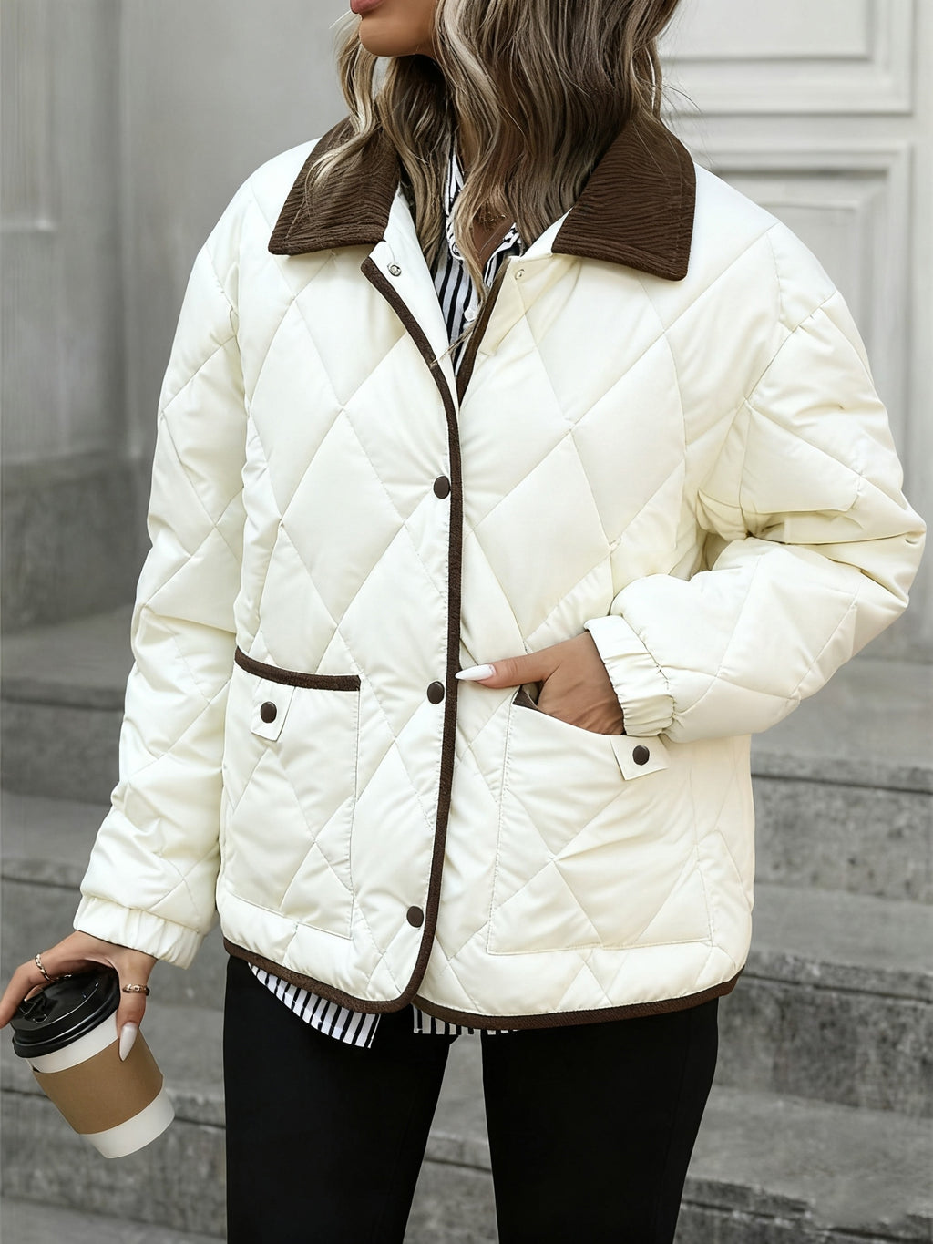 Chaqueta acolchada de rombos para mujer con cuello en contraste