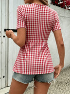 Women's Plaid V-Neck Top with Twisted Front Detail