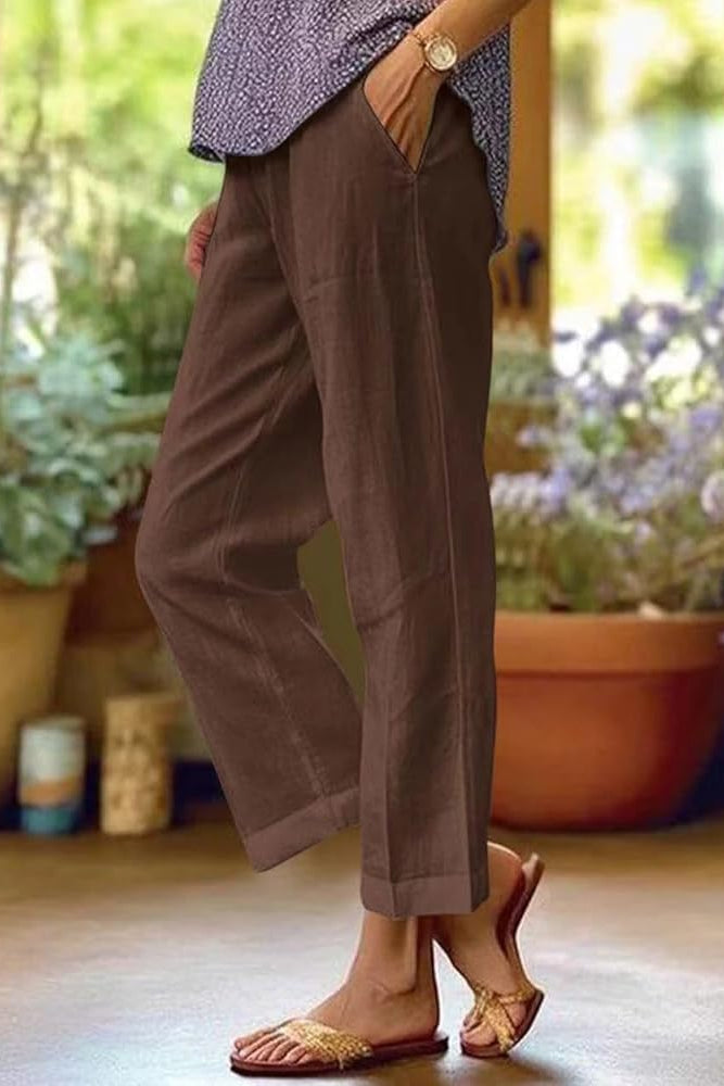 Women's Relaxed Straight Leg Trousers with Turn-Up Hem and Side Pockets