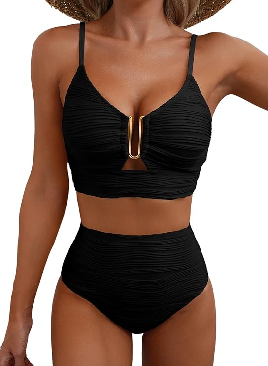 Women's Textured High-Waist Bikini Set with Metallic Detail