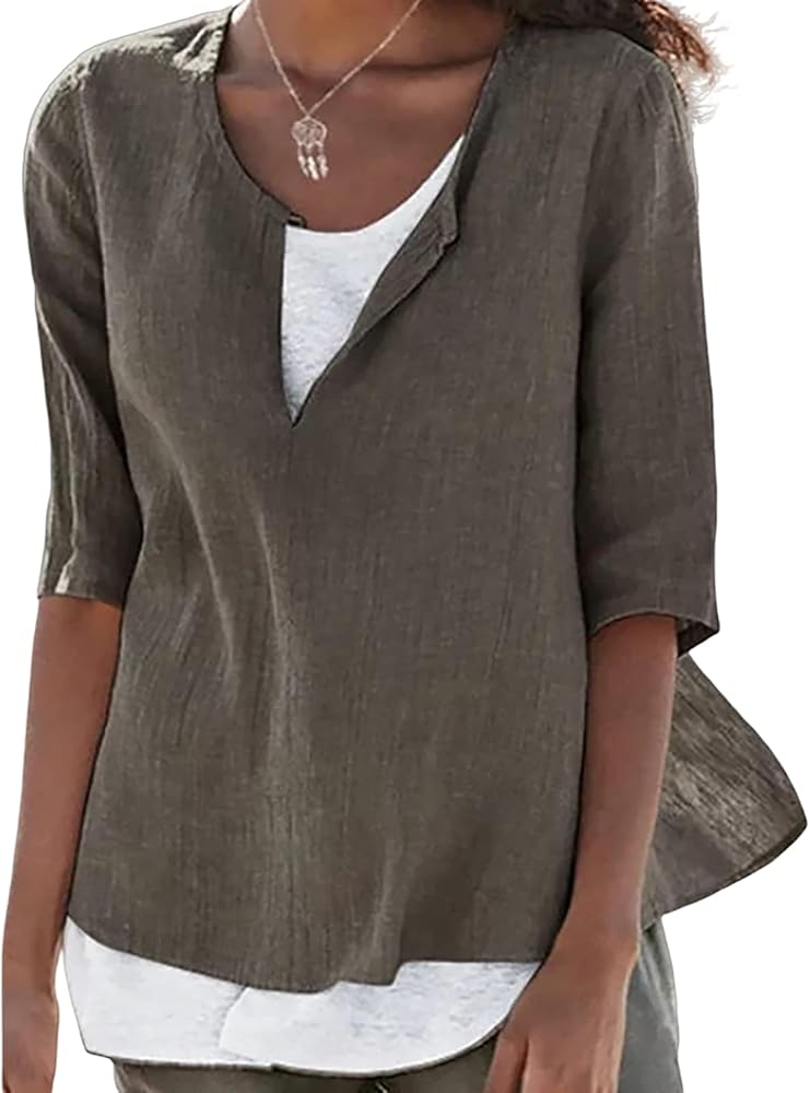 Women's Layered Notch Neck Three Quarter Sleeve Casual Blouse