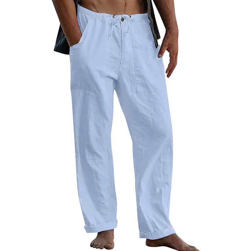 Men's Cotton Linen Trousers with Straight Leg and Elastic Waist for Summer Comfort