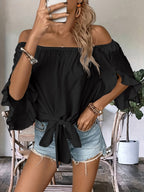 Women's Off-Shoulder Tie Front Ruffle Sleeve Blouse