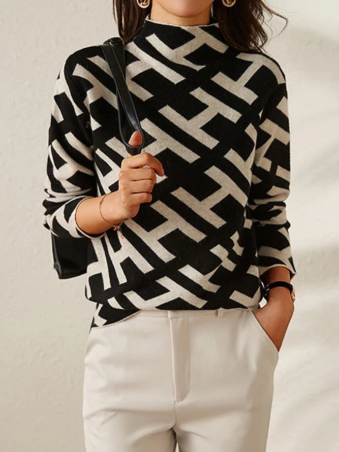 Maglione da donna in maglia geometrica con collo alto finto