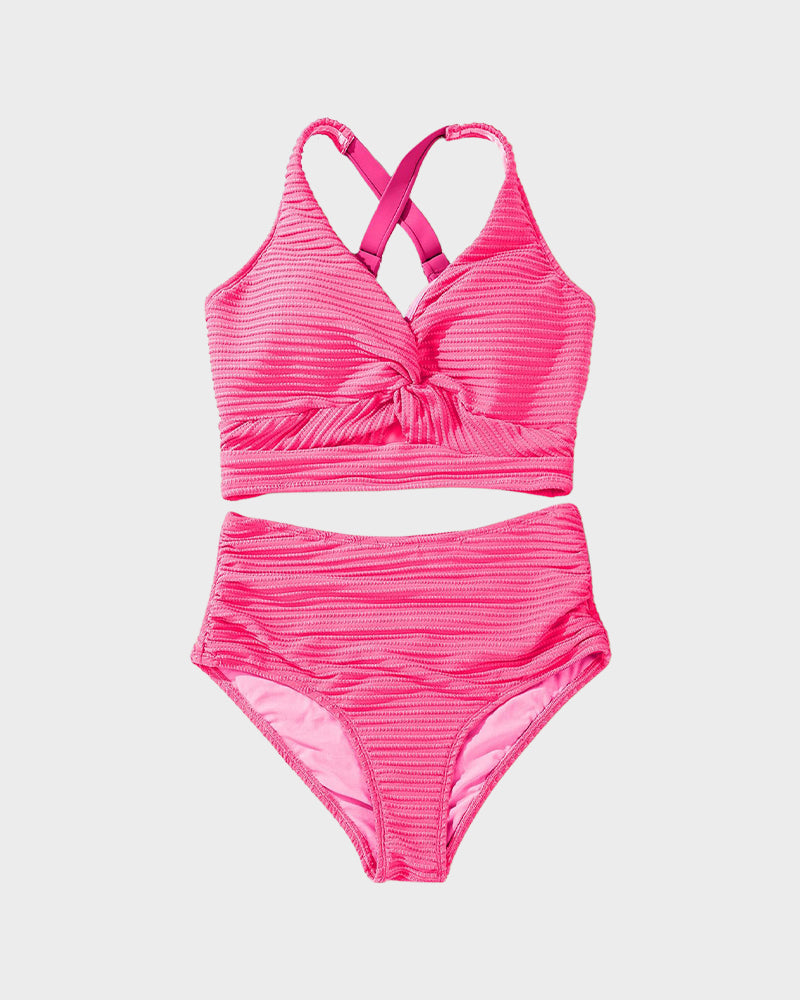 Damen-Rippen-Bikini-Set mit gedrehtem Oberteil und hochgeschnittenem Slip