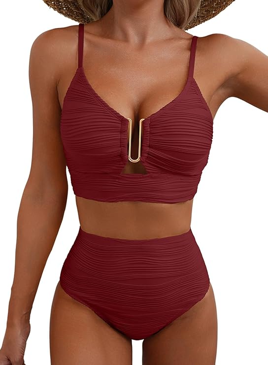 Women's Textured High-Waist Bikini Set with Metallic Detail