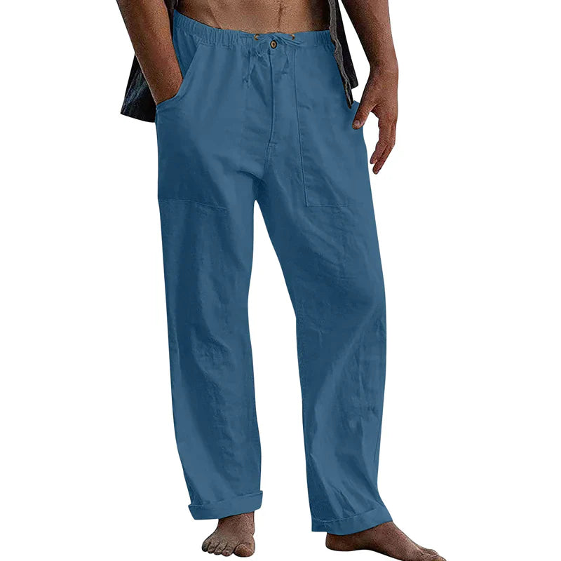 Men's Cotton Linen Trousers with Straight Leg and Elastic Waist for Summer Comfort
