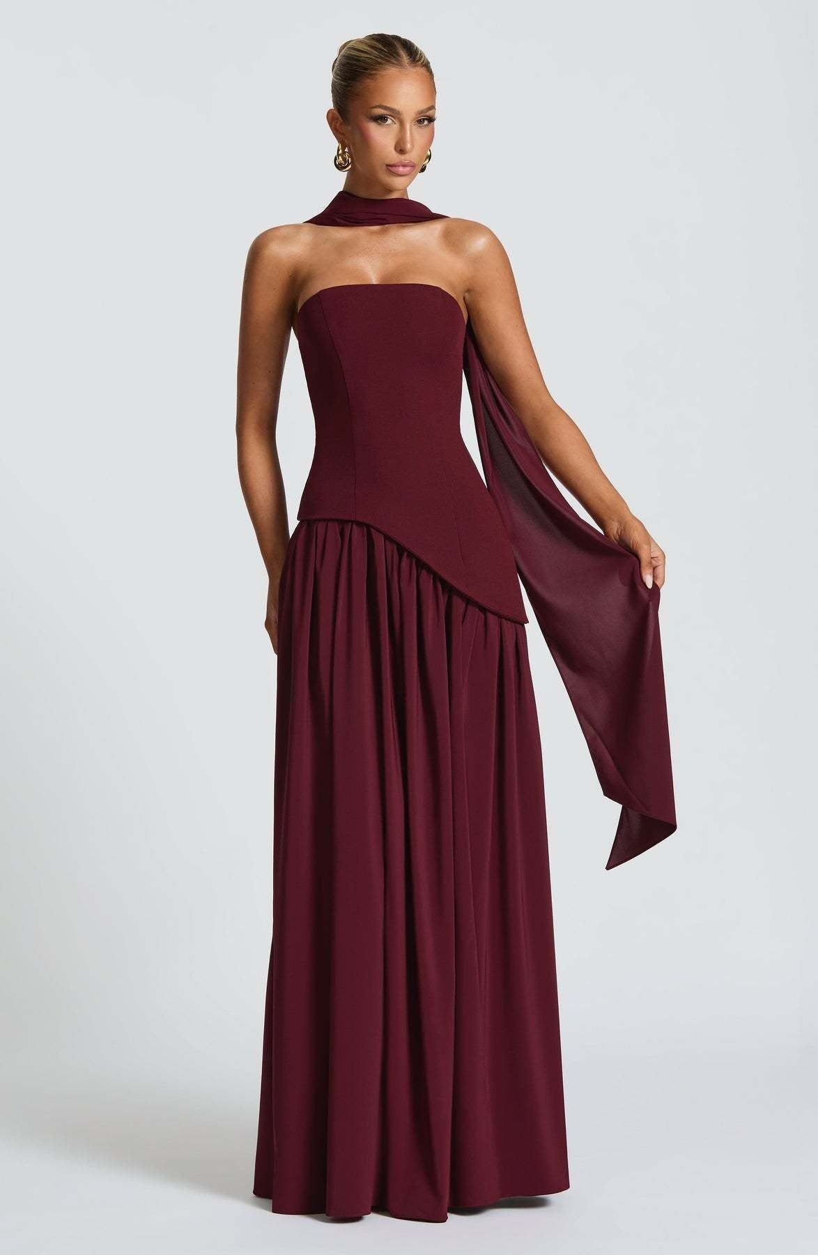 Women Strapless Maxi Dress with Side Slit and Elegant Contrast Design