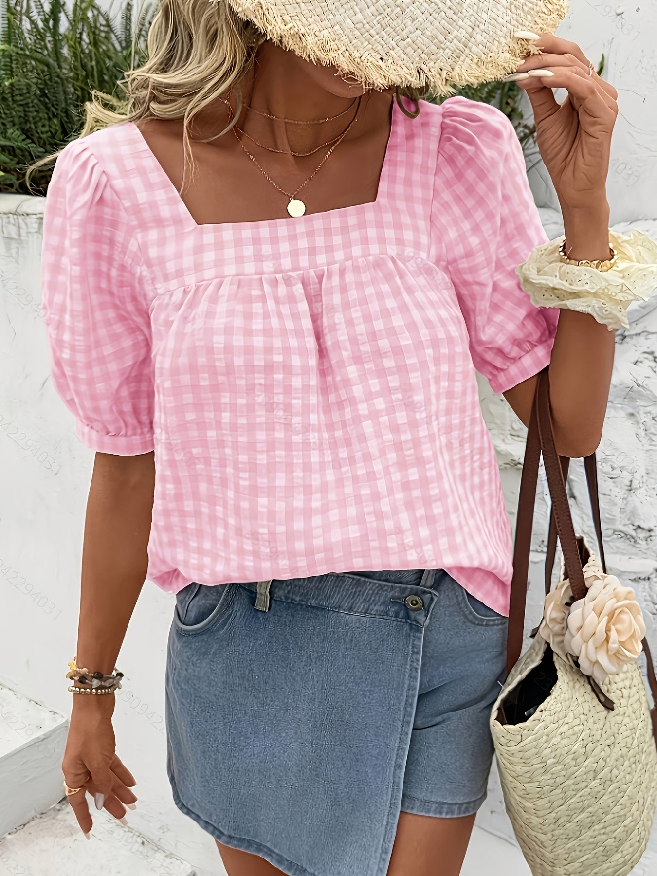 Women's Gingham Square Neck Puff Sleeve Blouse