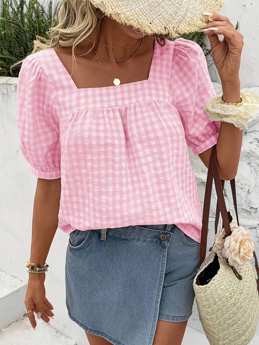 Women's Plaid Square Neck Blouse with Puff Sleeves for Everyday Elegance