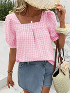 Women's Plaid Square Neck Blouse with Puff Sleeves for Everyday Elegance