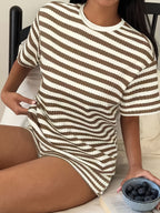 Women's Textured Stripe Lounge Set With Short Sleeve Top And Shorts