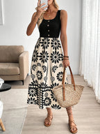 Women’s Retro Floral Midi Dress with Sleeveless Flowing Design