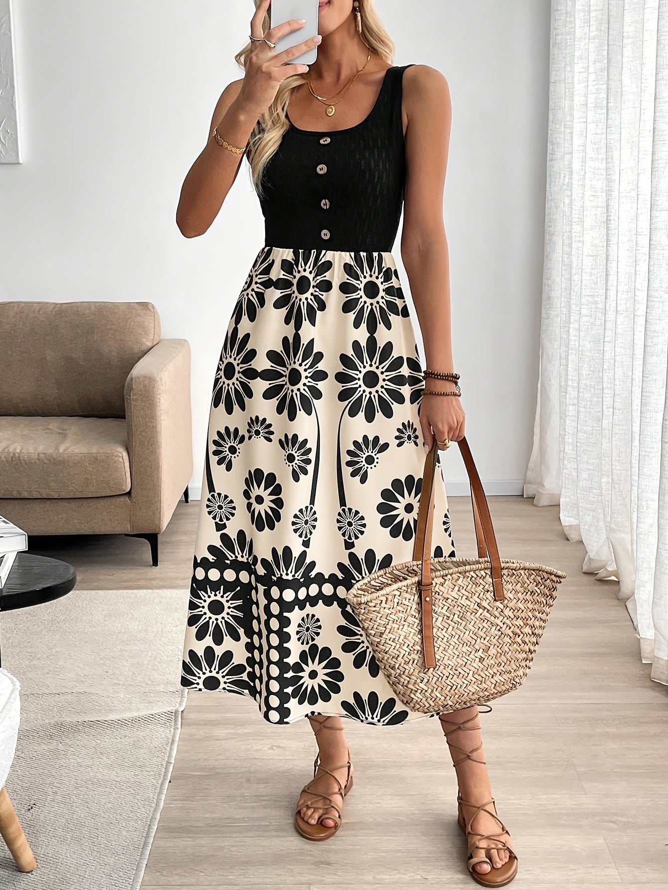 Women’s Retro Floral Midi Dress with Sleeveless Flowing Design