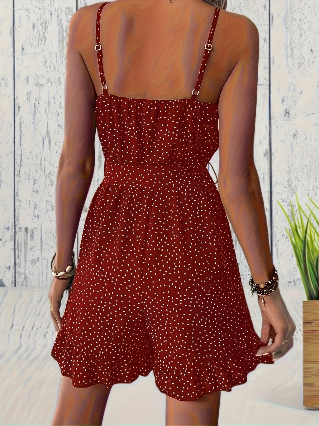 Women's Polka Dot Romper with Button Front and Adjustable Waist Tie