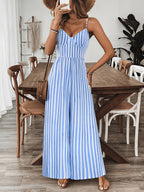 Women's Striped Wide-Leg Jumpsuit with Bow Back and V-Neck