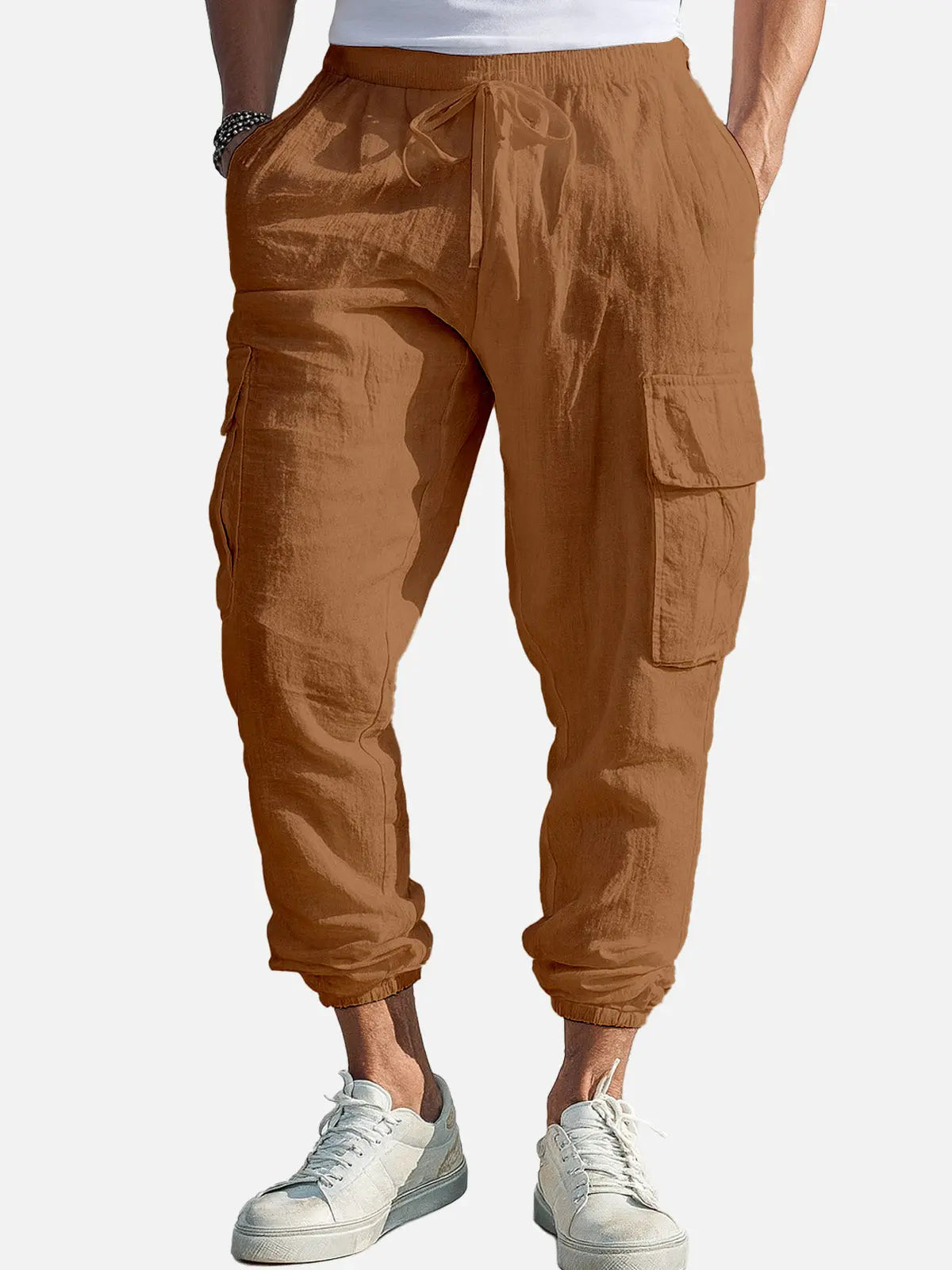 Men Lightweight Linen Blend Cargo Joggers with Relaxed Fit and Drawstring Waist