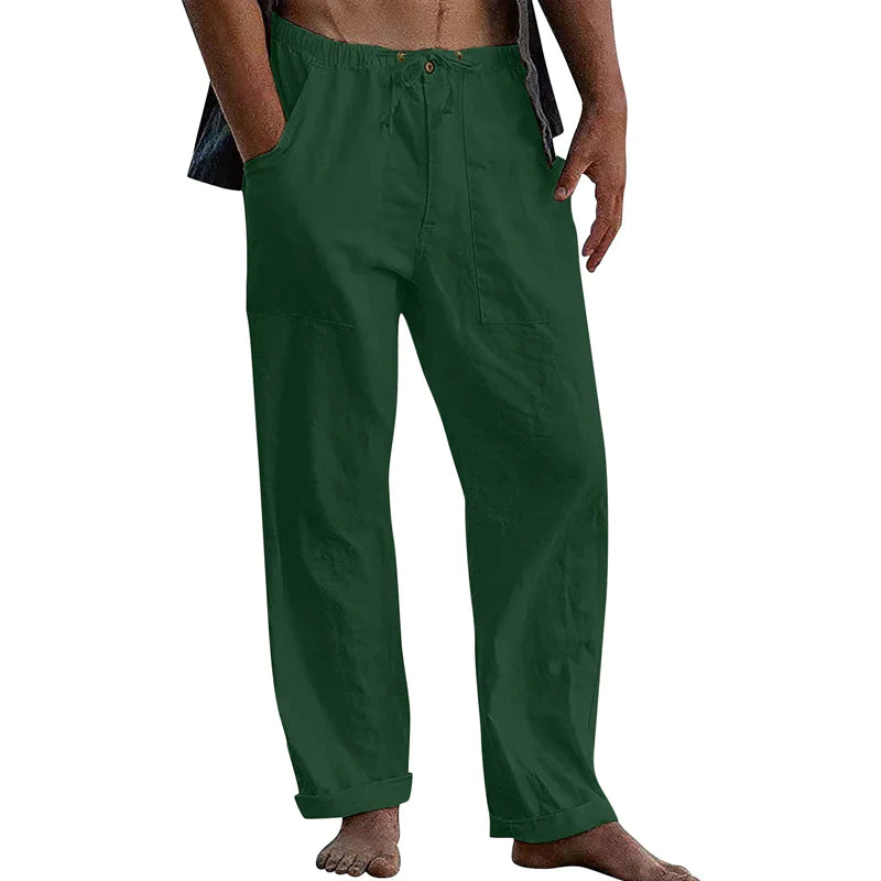 Men's Cotton Linen Trousers with Straight Leg and Elastic Waist for Summer Comfort