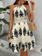 Women's Floral Lace Trim Halter Midi Dress