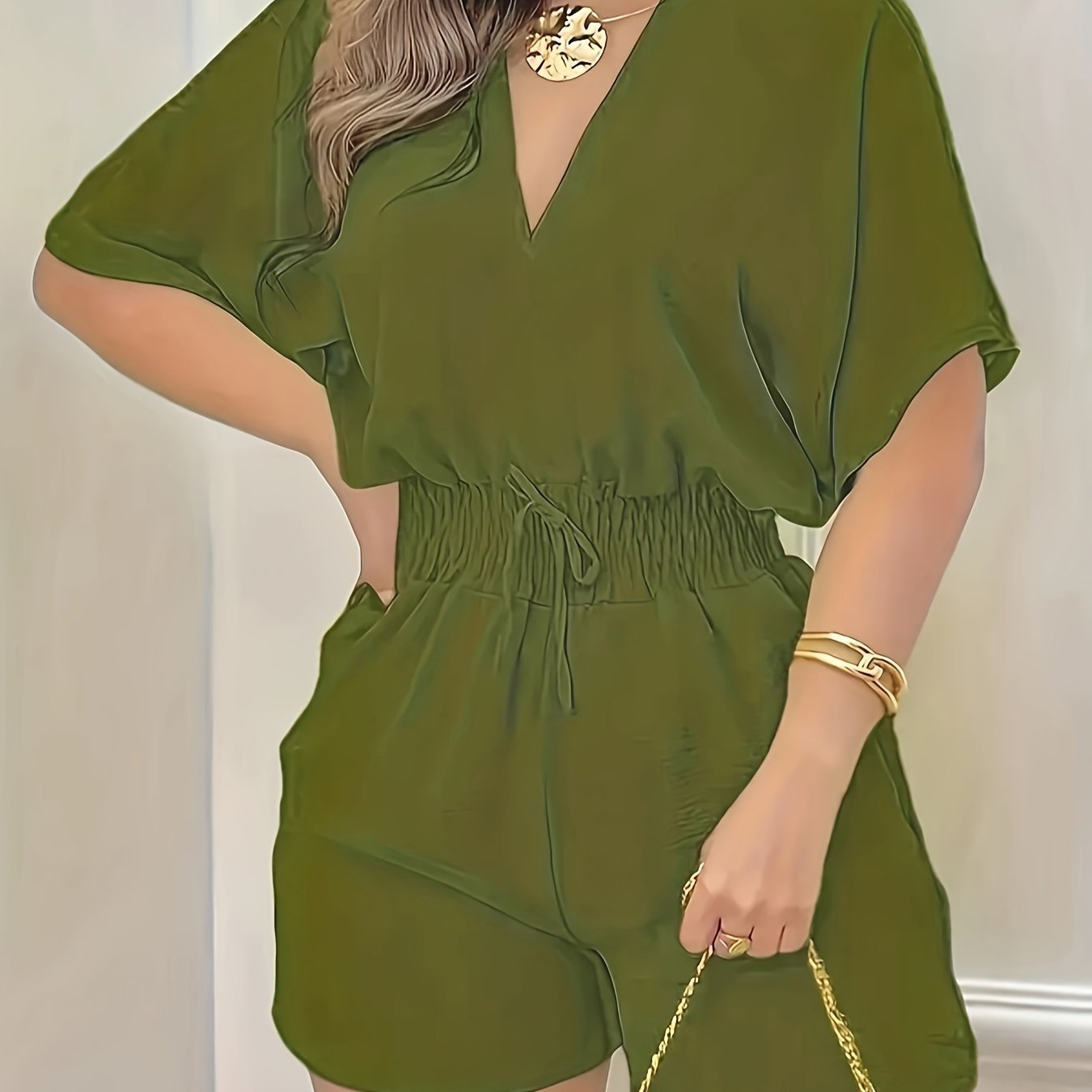 Women's Relaxed V-Neck Drawstring Waist Romper