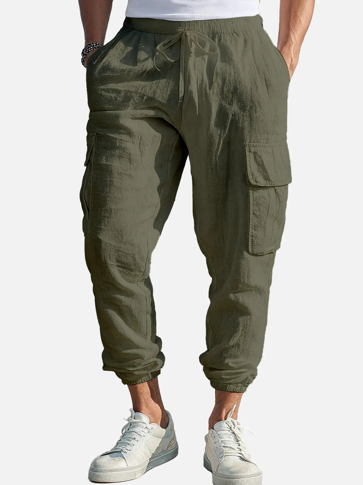Men Lightweight Linen Blend Cargo Joggers with Relaxed Fit and Drawstring Waist