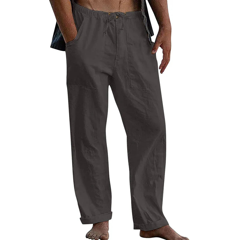 Men's Cotton Linen Trousers with Straight Leg and Elastic Waist for Summer Comfort