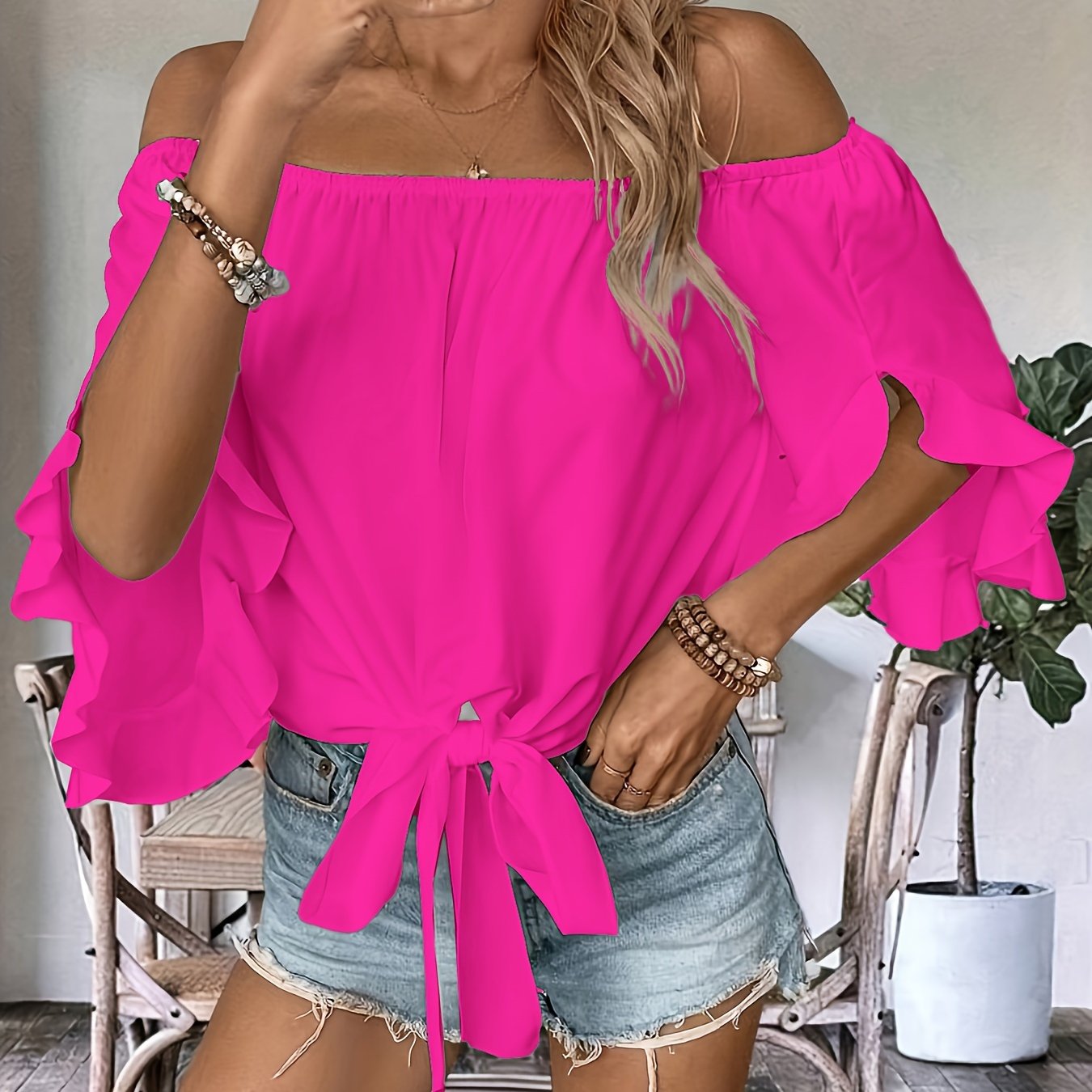 Women's Off-Shoulder Tie Front Ruffle Sleeve Blouse