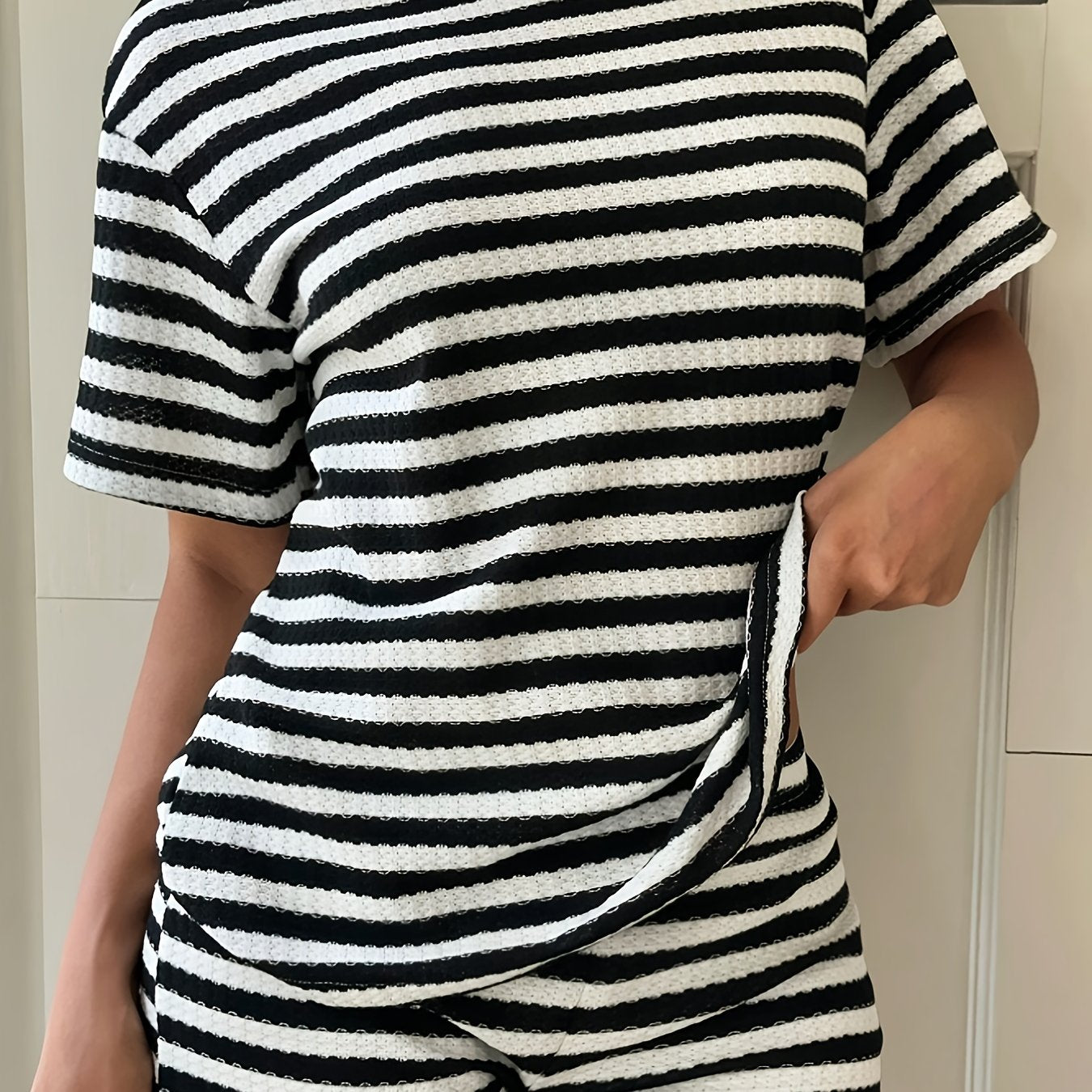 Women's Textured Stripe Lounge Set With Short Sleeve Top And Shorts