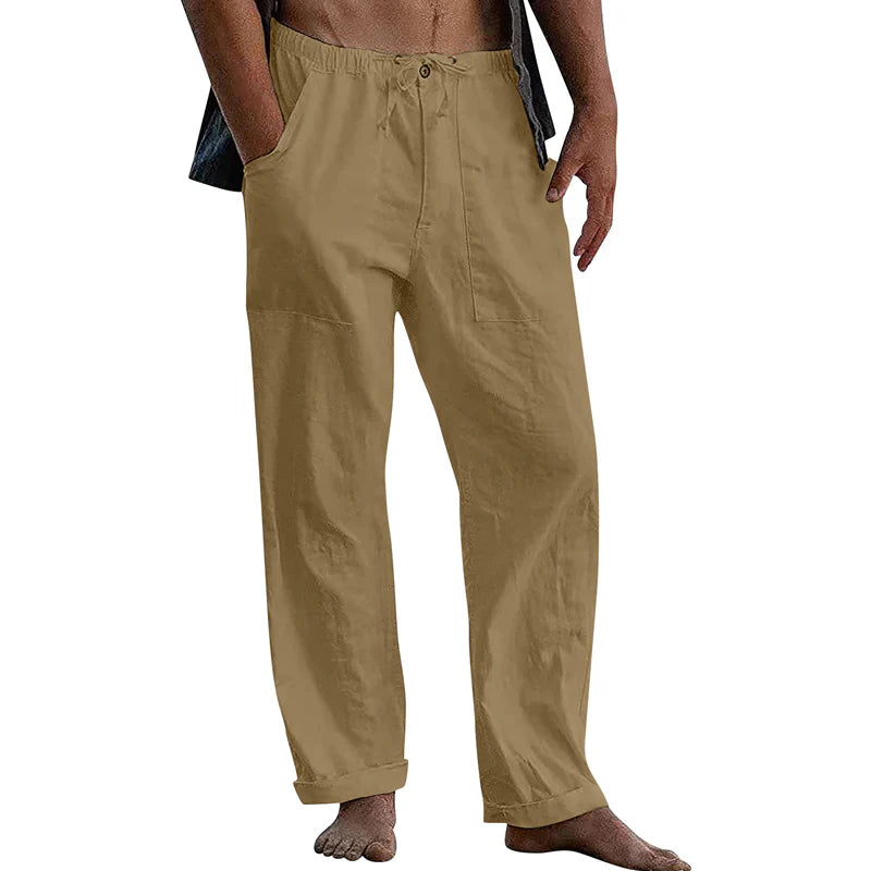 Men's Cotton Linen Trousers with Straight Leg and Elastic Waist for Summer Comfort