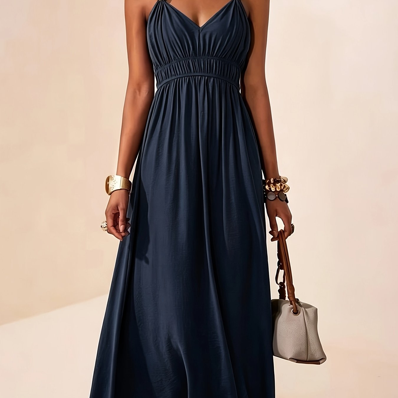 Women's Sleeveless Maxi Dress with V-Neck and Beaded Strap Details