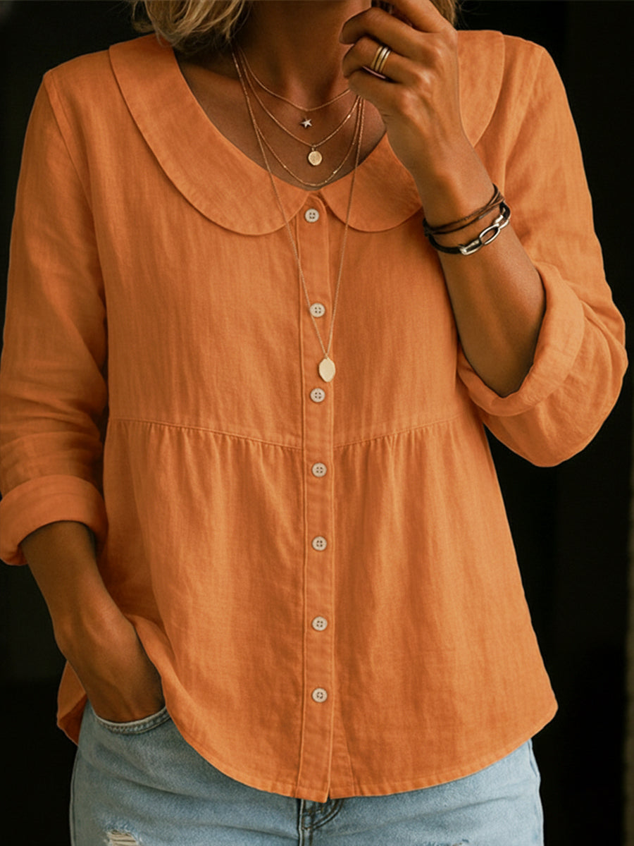 Women's Cotton Linen Blouse with Rounded Collar and Button-Front Design