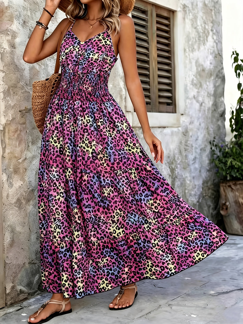 Women's Leopard Print Smocked Waist Maxi Dress