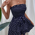 Women's Polka Dot Smocked Strapless Ruffle Romper