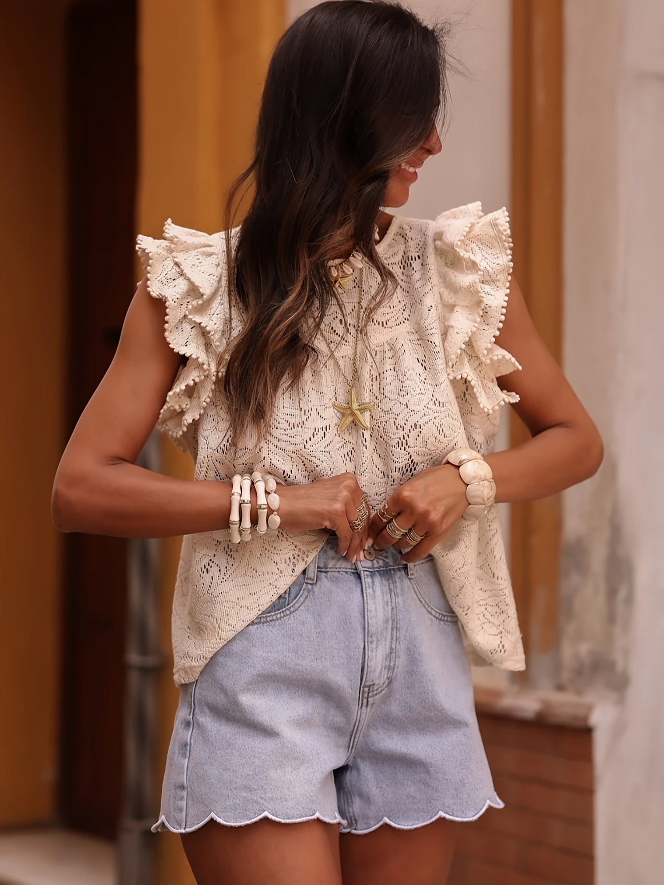 Women's Vintage Lace Flutter Sleeve Crochet Blouse