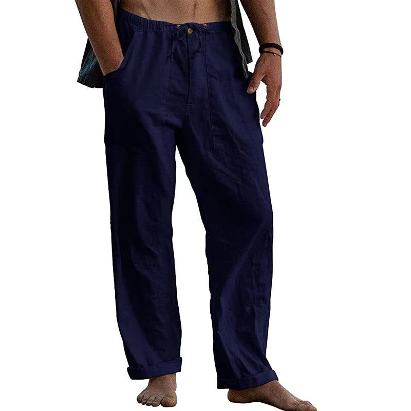 Men's Cotton Linen Trousers with Straight Leg and Elastic Waist for Summer Comfort