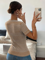 Women's Striped Button Front Short Sleeve Knit Top