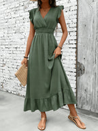 Women's Ruffle Sleeve V-Neck Smocked Waist Maxi Dress