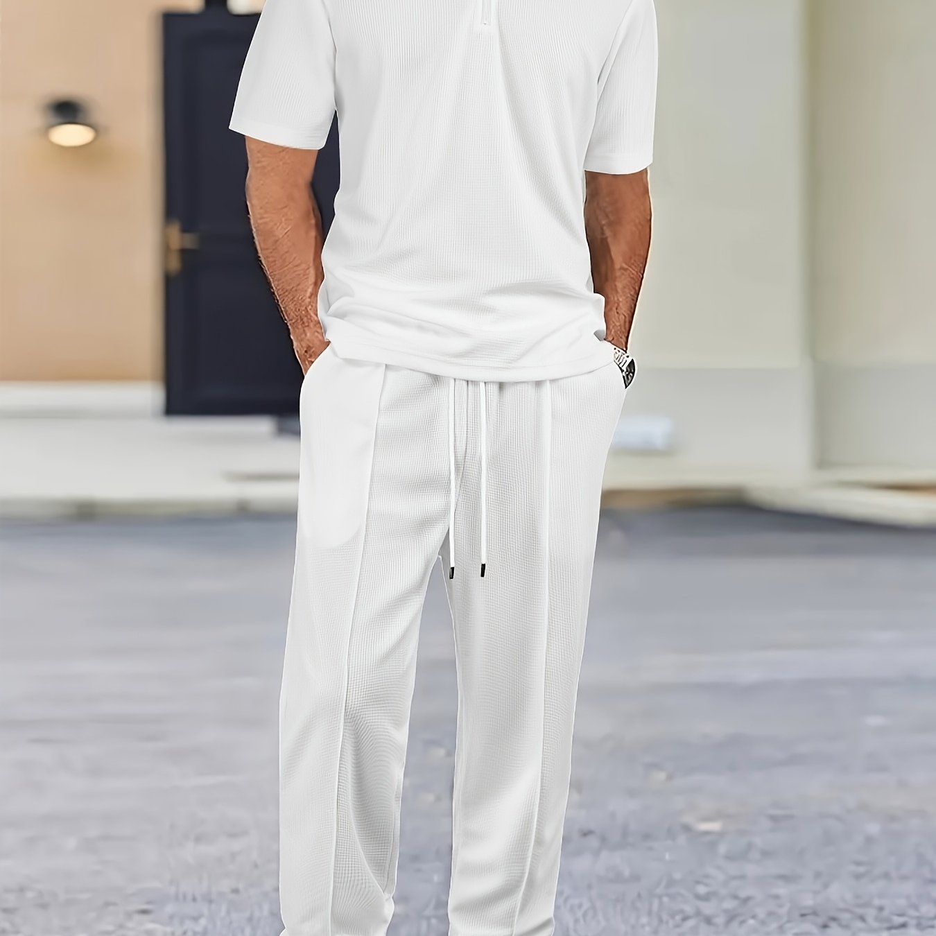 Men's Textured Half-Zip Polo & Trousers Set