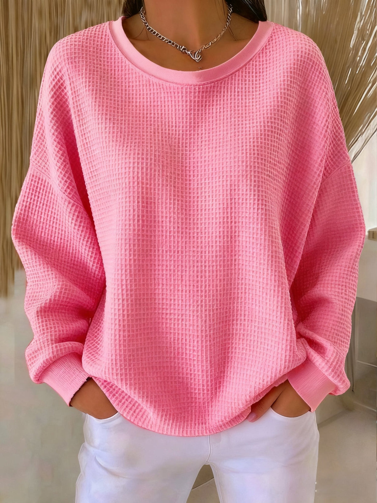 Women's Relaxed Crew Neck Pullover with Waffle Texture