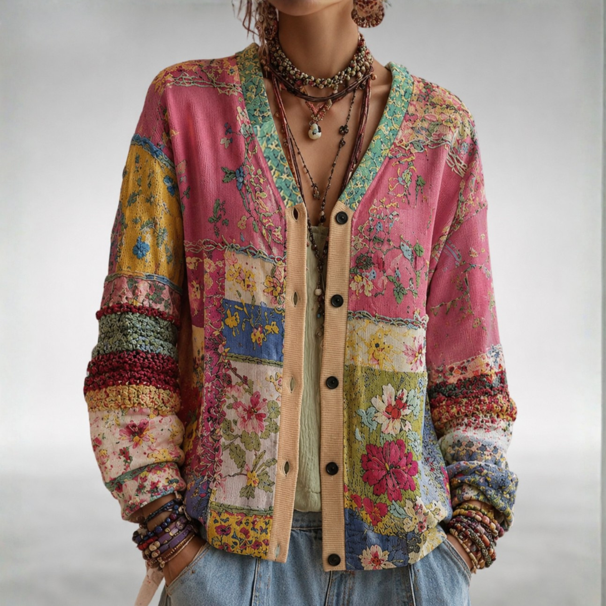 Blomstret patchwork-cardigan til kvinder