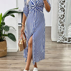 Women's Striped Midi Shirt Dress with Twist Waist and Button Front