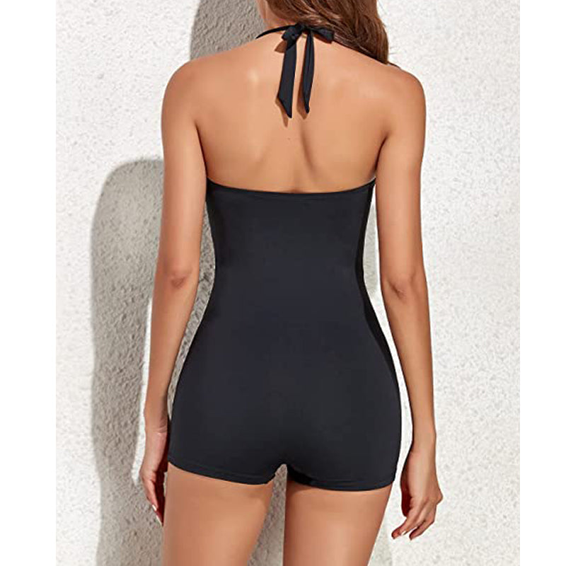 Women's Halter Swimsuit with Shaping Ruching and Built-In Shorts