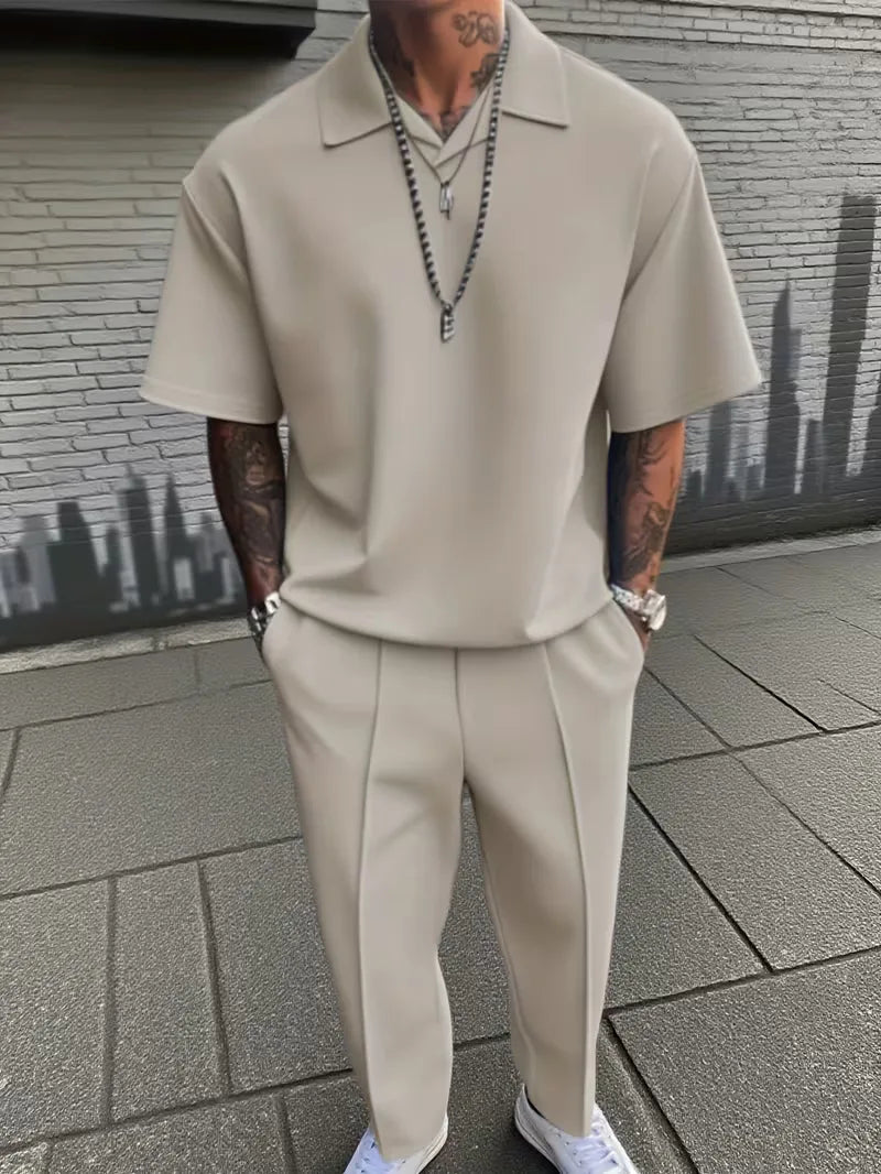 Men's Smart Casual Two-Piece Set with Polo Shirt and Straight-Leg Trousers