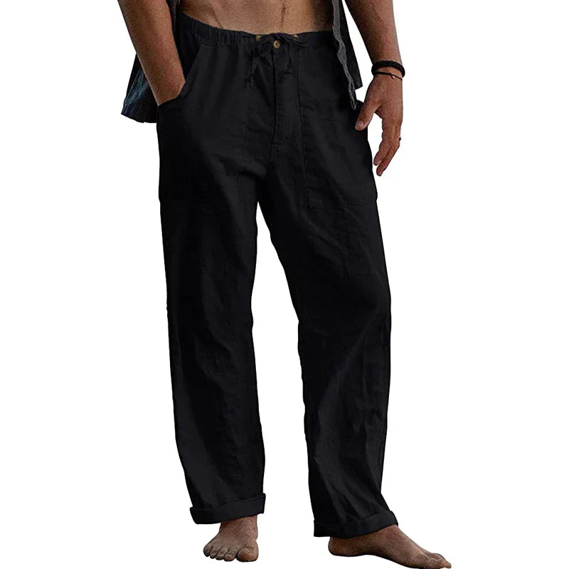 Men's Cotton Linen Trousers with Straight Leg and Elastic Waist for Summer Comfort