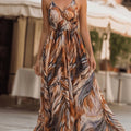 Damen Federprint Neckholder Maxikleid