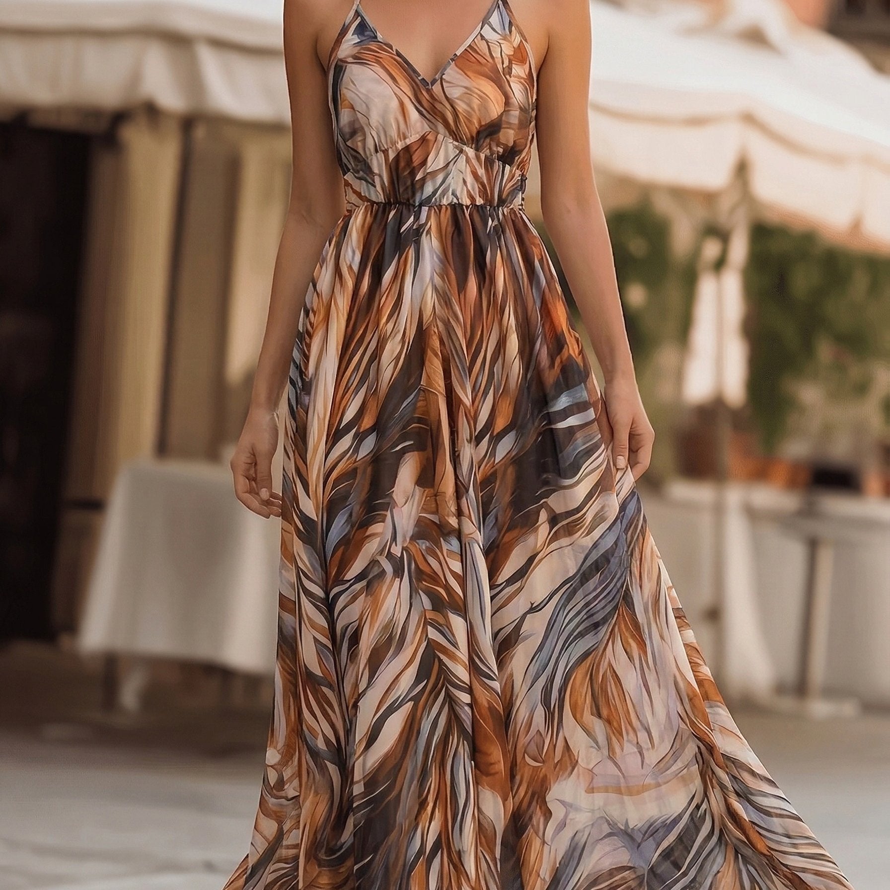 Women's Feather Print Halter Neck Maxi Dress
